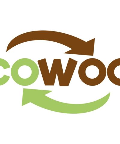 Logotipo ECOWOOX con flechas circulares en verde y marrón que representan sostenibilidad.