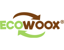 Logotipo ECOWOOX con flechas circulares en verde y marrón que representan sostenibilidad.