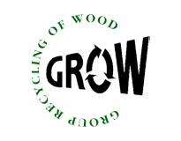 Logotipo GROW con símbolo de reciclaje en la letra O y texto circular sobre reciclaje de madera.