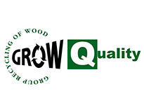 Logotipo GROW Quality con símbolo de reciclaje en la letra O y texto circular sobre reciclaje de madera.