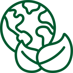 Icono de sostenibilidad con globo terráqueo y hojas en trazo verde.