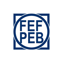 Logotipo FEFPEB en color azul con diseño geométrico circular y cuadrado superpuestos.