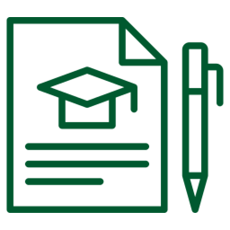 Icono de formación con documento, birrete y bolígrafo en trazo verde