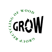 Logotipo GROW con símbolo de reciclaje en la letra O y texto circular sobre reciclaje de madera.