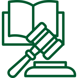 Icono jurídico en trazo verde con mazo y libro abierto