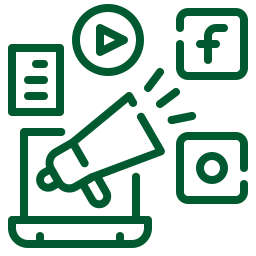 Icono de comunicación digital con portátil, megáfono y símbolos de redes sociales en trazo verde
