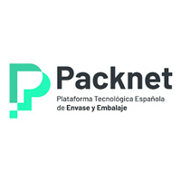 Logotipo Packnet con símbolo en tonos verde y turquesa y el texto ‘Plataforma Tecnológica Española de Envase y Embalaje