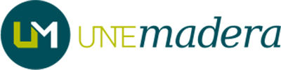 Logotipo UNEmadera con símbolo circular en verde y azul y texto en dos colores