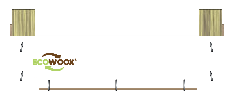 envase1 Panel blanco con el logotipo ECOWOOX sujeto entre dos bloques de madera