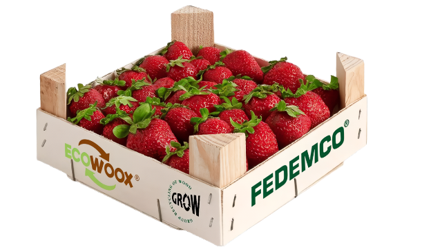 ecowoox-fresas Cajón de madera con fresas y marcas ECOWOOX y FEDEMCO