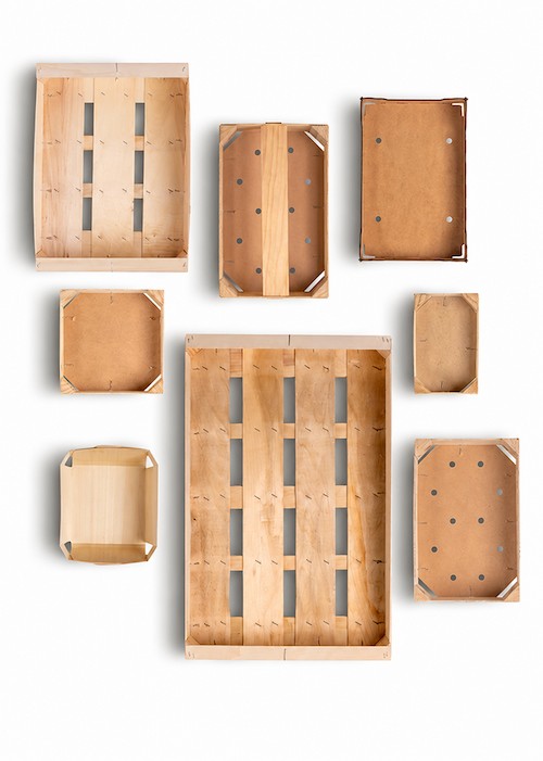Conjunto de distintos modelos de cajas y bandejas de madera y cartón para envase hortofrutícola sobre fondo blanco